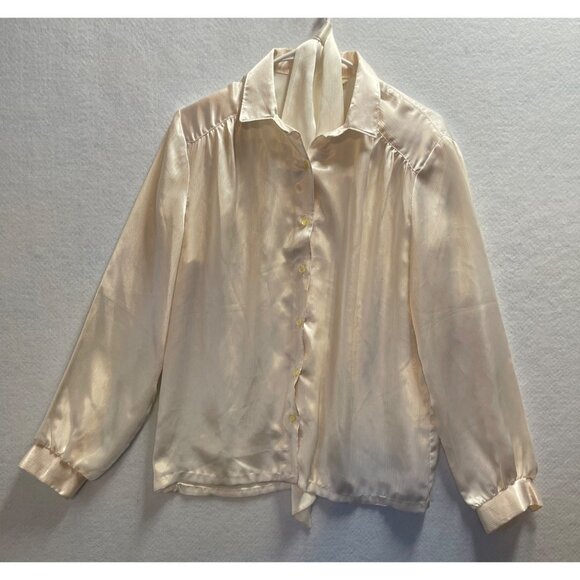 Russ Tops - Vintage Russ Satin Business Blouse with Scarf Button Up Long Sleeve Size 12